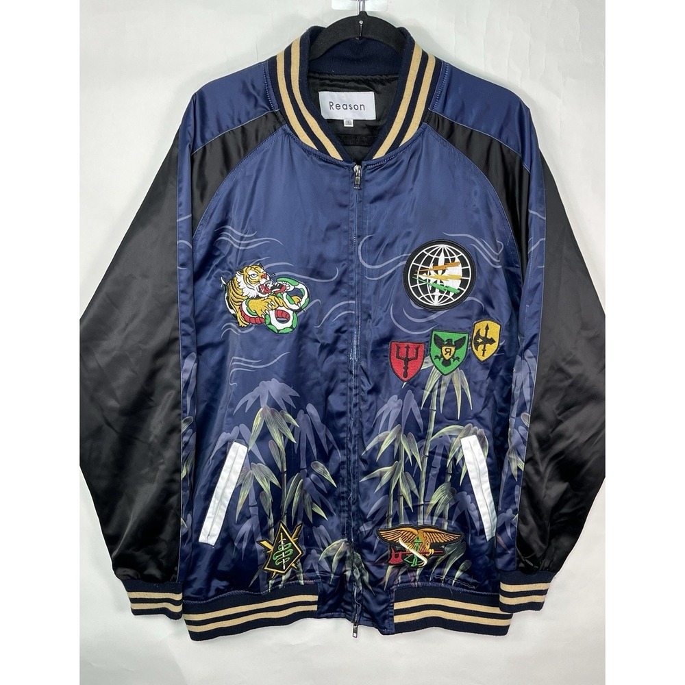 Reason Brand Co. Bad Kids Bomber Jacket 3XL Navy Tiger Bamboo Embroidered READ
